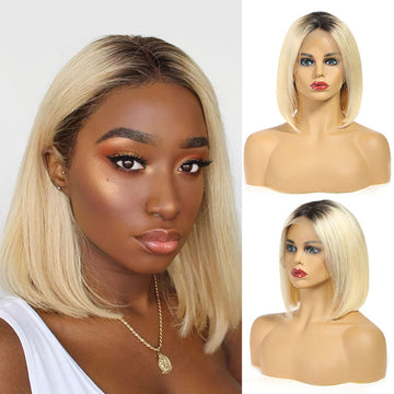 Ali Annabelle 1B/613 Dark Root Honey Blonde Bob Wig Short Straight Human Hair Wigs
